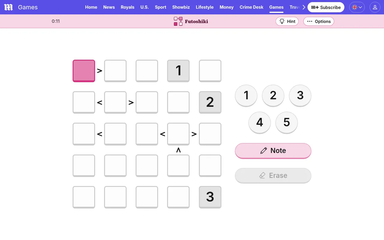 Daily Mail Futoshiki for 7 October 2026 in play: a five by five grid with the given digits 1, 2 and 3 and greater-than and less-than signs between cells, beside a 1 to 5 number pad with Note and Erase