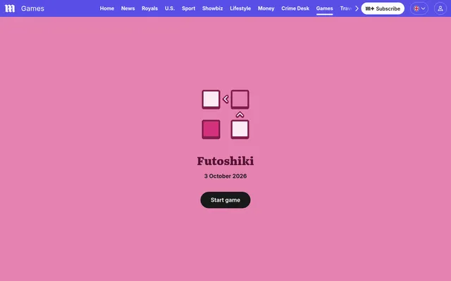 The Futoshiki start screen on the Daily Mail games page: the game's own icon and name, the date 3 October 2026 and a button to start the day's puzzle