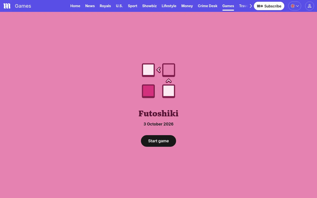 The Futoshiki start screen on the Daily Mail games page: the game's own icon and name, the date 3 October 2026 and a button to start the day's puzzle