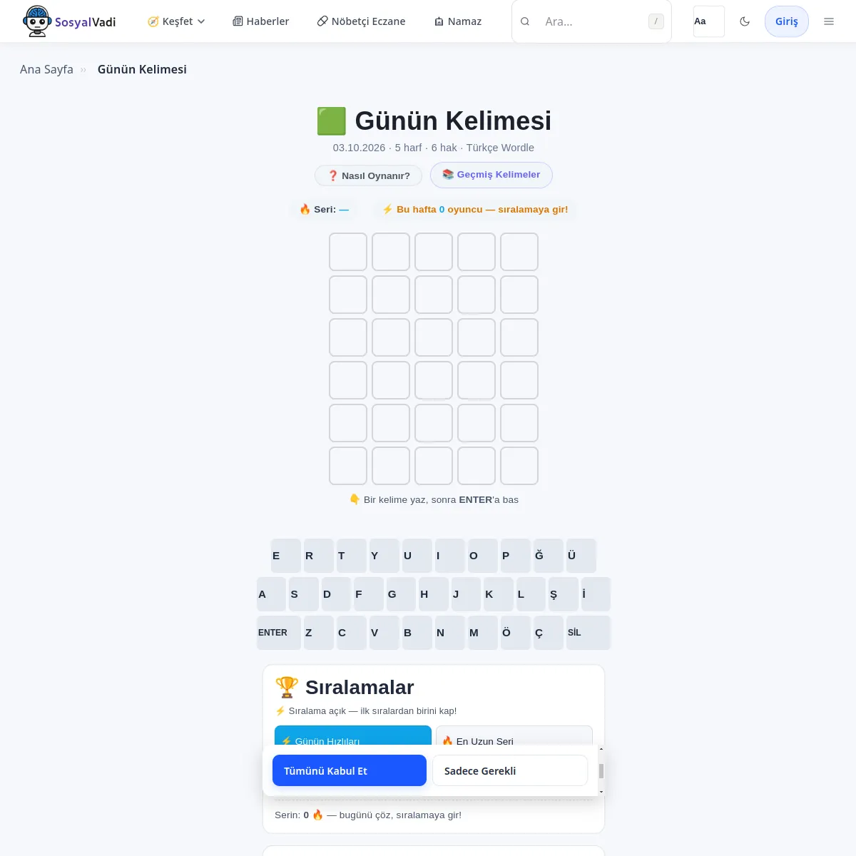 Günün Kelimesi page dated 03.10.2026 with an empty five by six grid, a Turkish keyboard and the rankings panel
