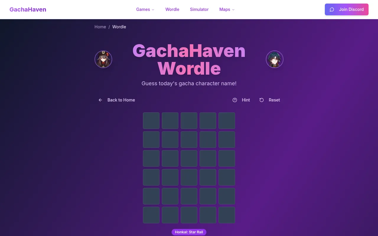 The GachaHaven Wordle page with an empty five-letter, six-row grid, Hint and Reset buttons, and a Honkai: Star Rail badge under the board