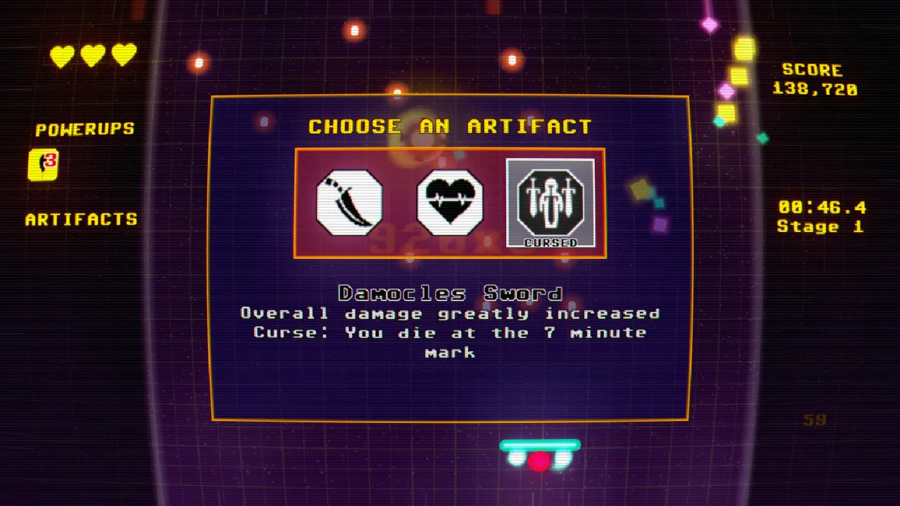 Galactic Bulwark Strike: the Choose an Artifact panel offering Damocles Sword, which raises damage but kills you at the seven-minute mark