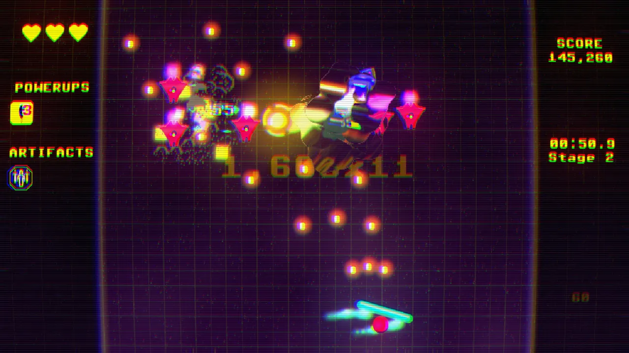 Galactic Bulwark Strike: the ball explodes among enemy ships in stage 2 with a score of 145,260