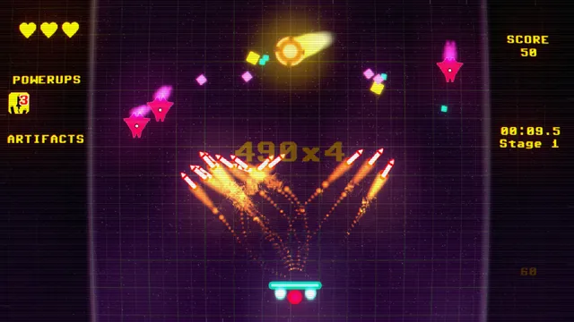 Galactic Bulwark Strike: the paddle-ship sends missiles up at pink enemy ships while a fiery ball streaks across a dark grid