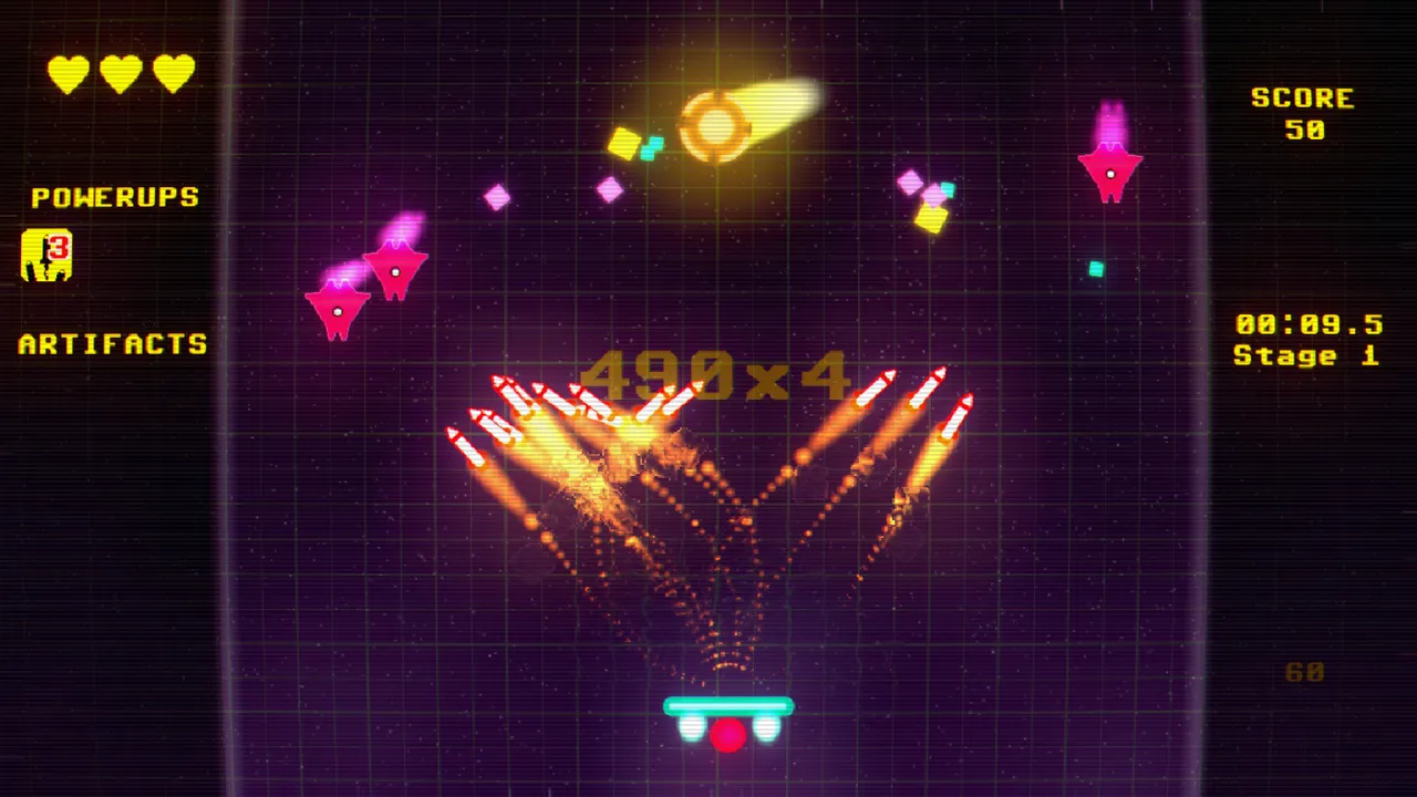 Galactic Bulwark Strike: the paddle-ship sends missiles up at pink enemy ships while a fiery ball streaks across a dark grid