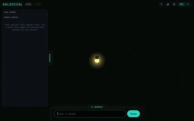 Galexical puzzle #275: a star field with the secret word as a glowing sun marked with a question mark, an empty Journey panel and a box to type a word