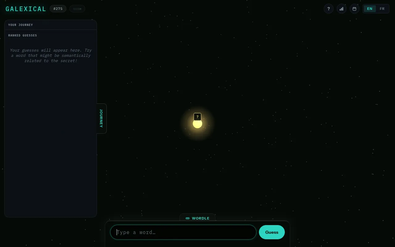 Galexical puzzle #275: a star field with the secret word as a glowing sun marked with a question mark, an empty Journey panel and a box to type a word