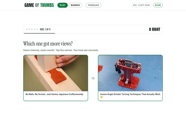 Game of Thumbs #32, duel 1 of 5: a Japanese joinery video against an angle grinder video from the same channel, under 'Which one got more views?'