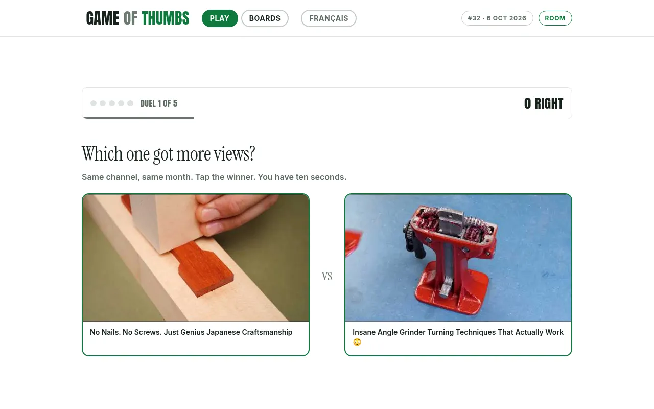 Game of Thumbs #32, duel 1 of 5: a Japanese joinery video against an angle grinder video from the same channel, under 'Which one got more views?'