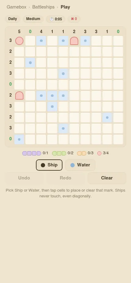 Gamebox daily Battleships on a phone: a 10 by 10 grid with row and column ship counts, some given ship ends and water, and the fleet tally below