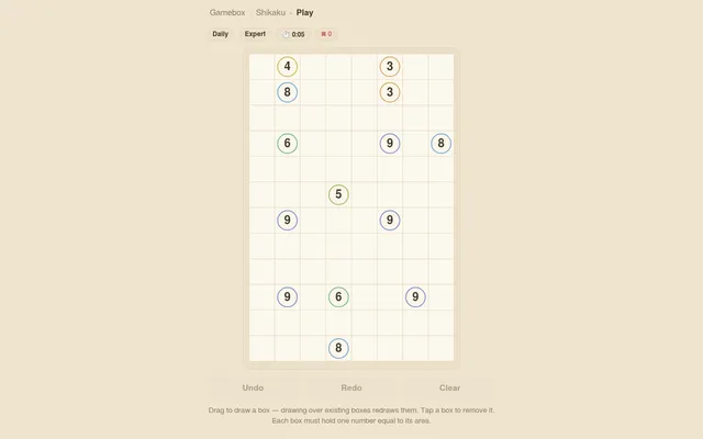 Gamebox daily Shikaku for 19 October 2026, Expert: an 8 by 12 grid of circled area clues waiting to be split into rectangles