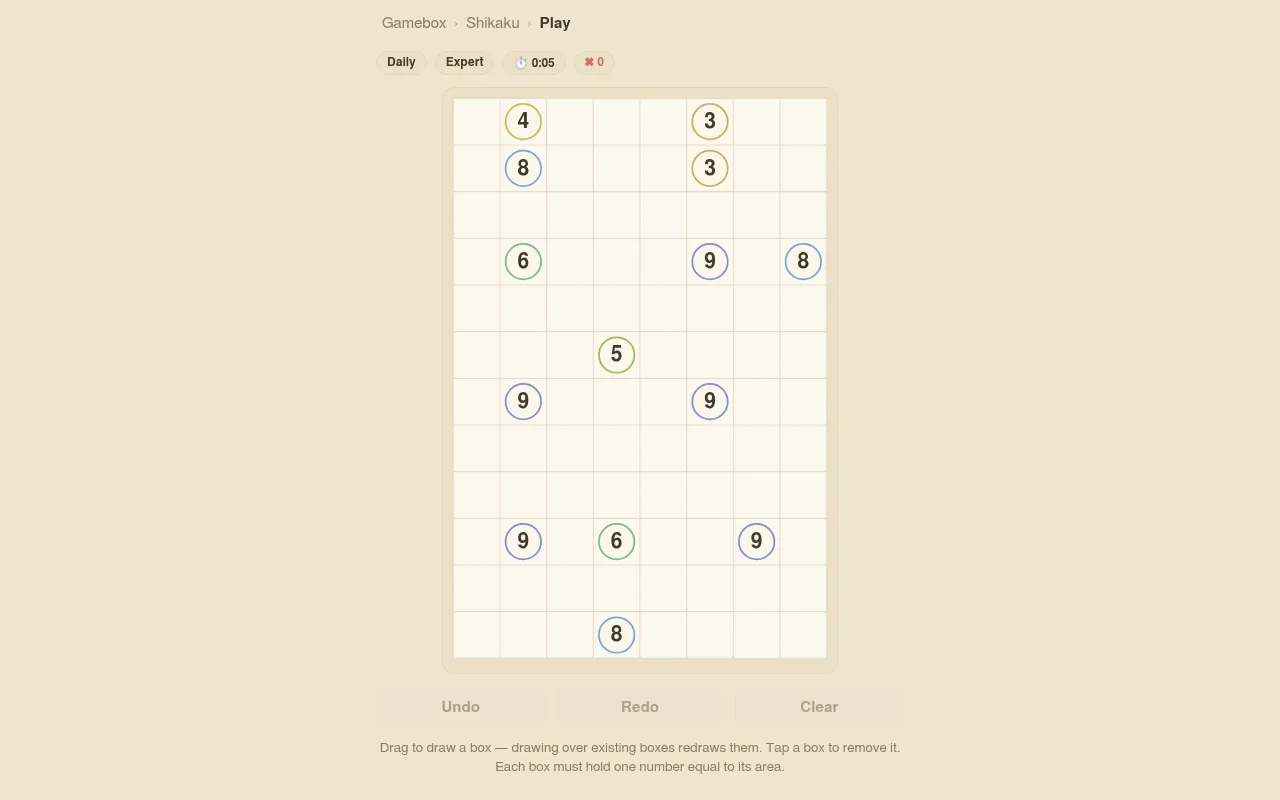 Gamebox daily Shikaku for 19 October 2026, Expert: an 8 by 12 grid of circled area clues waiting to be split into rectangles
