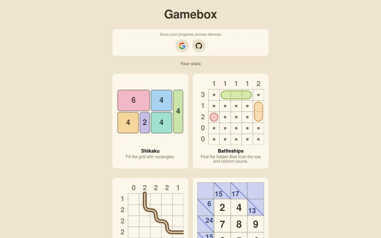 The Gamebox hub: tiles for Shikaku, Battleships, Train Tracks and Kakuro, each drawn as a small sample board