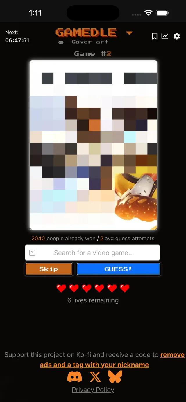 Gamedle Cover art mode with a pixelated cover, a search box, Skip and Guess buttons and six lives