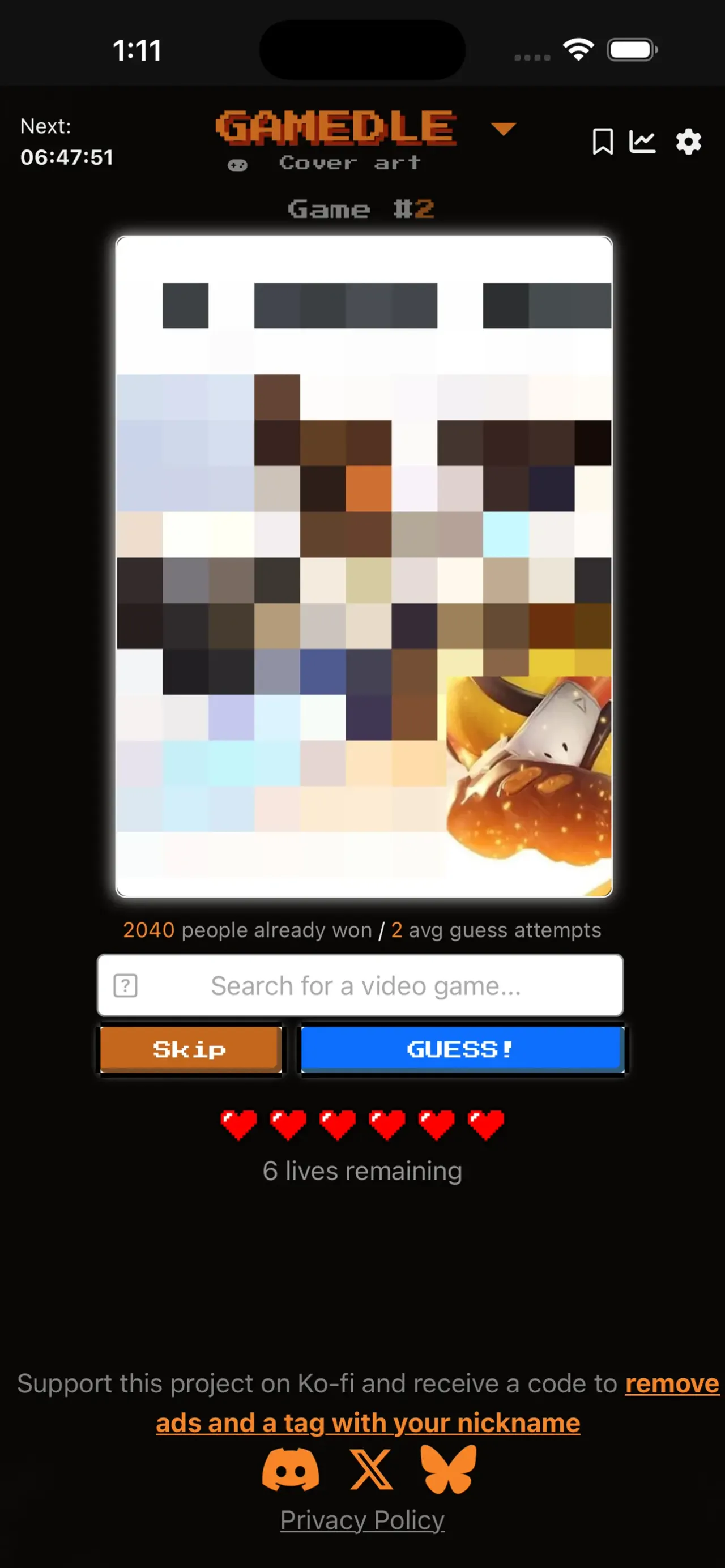 Gamedle Cover art mode with a pixelated cover, a search box, Skip and Guess buttons and six lives