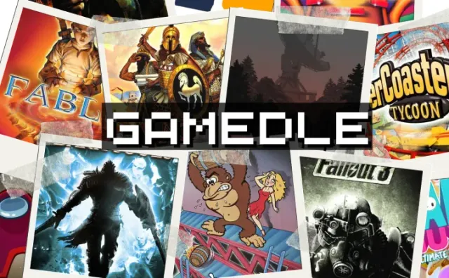 The Gamedle share image, the game's name over a collage of video game covers