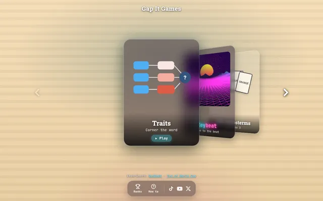 Gap It games carousel: cards for Traits, Keybeat and The Imposterms on a striped background
