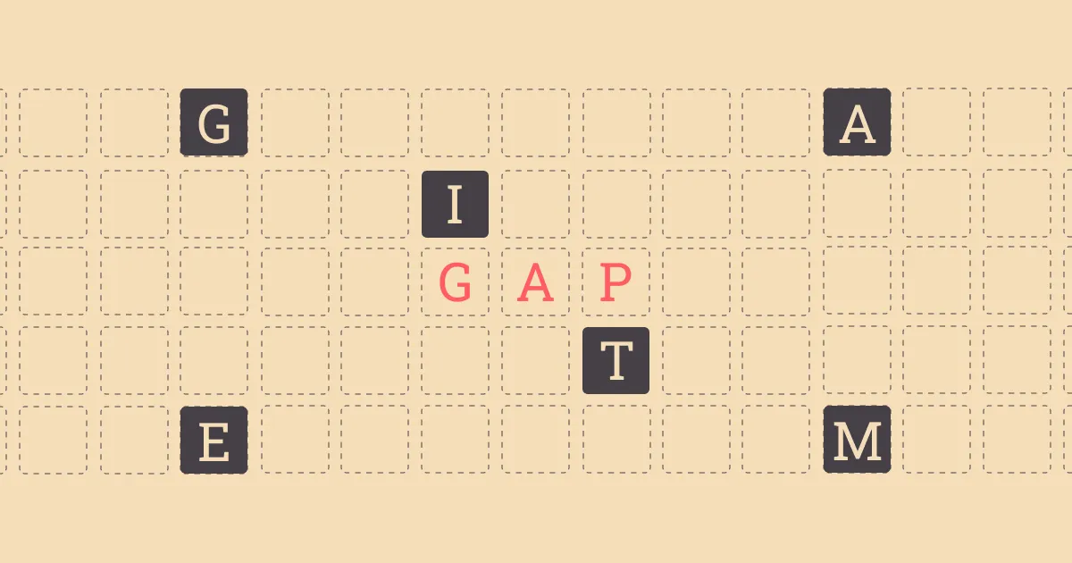 Gap It logo art: the word GAP in red letters on a grid of dashed cells with scattered letter tiles