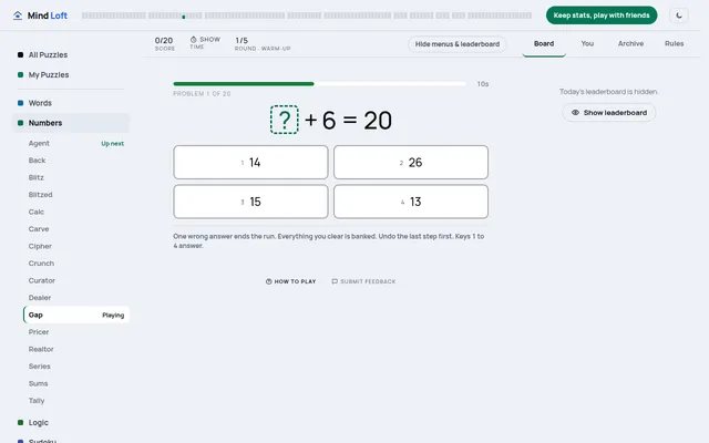 Gap being played: problem 1 of 20, ? + 6 = 20, with four answer choices and a ten-second timer bar