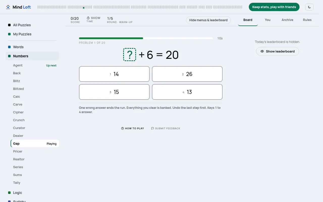 Gap being played: problem 1 of 20, ? + 6 = 20, with four answer choices and a ten-second timer bar