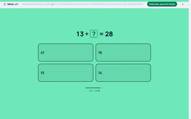 Gap's board for 24 October 2026: problem 1 of 20, 13 + ? = 28, with four answer choices (41, 16, 15, 14) and the 20-second timer bar