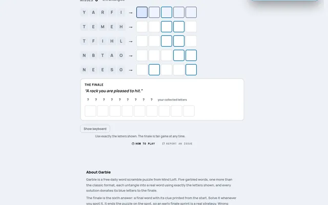 Garble on mindloftdaily.com: five rows of scrambled letters such as YARFI and TEMEH with empty answer boxes, and the finale clue a rock you are pleased to hit above nine empty boxes