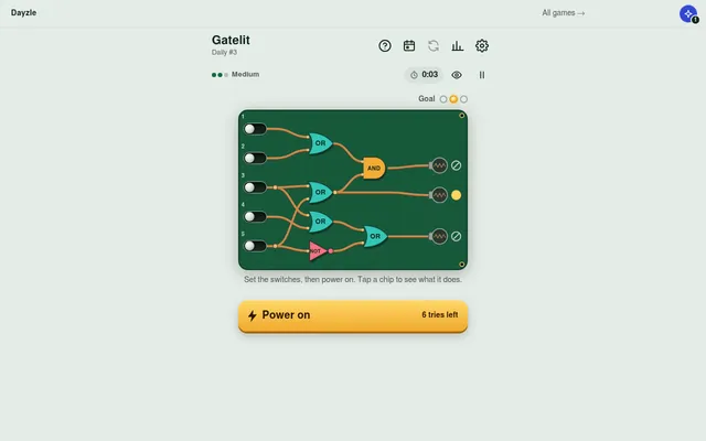 Gatelit Daily #3: a green circuit board with five switches feeding OR, AND and NOT gates into three lamps, a goal of one lit lamp, and a Power on button with 6 tries left