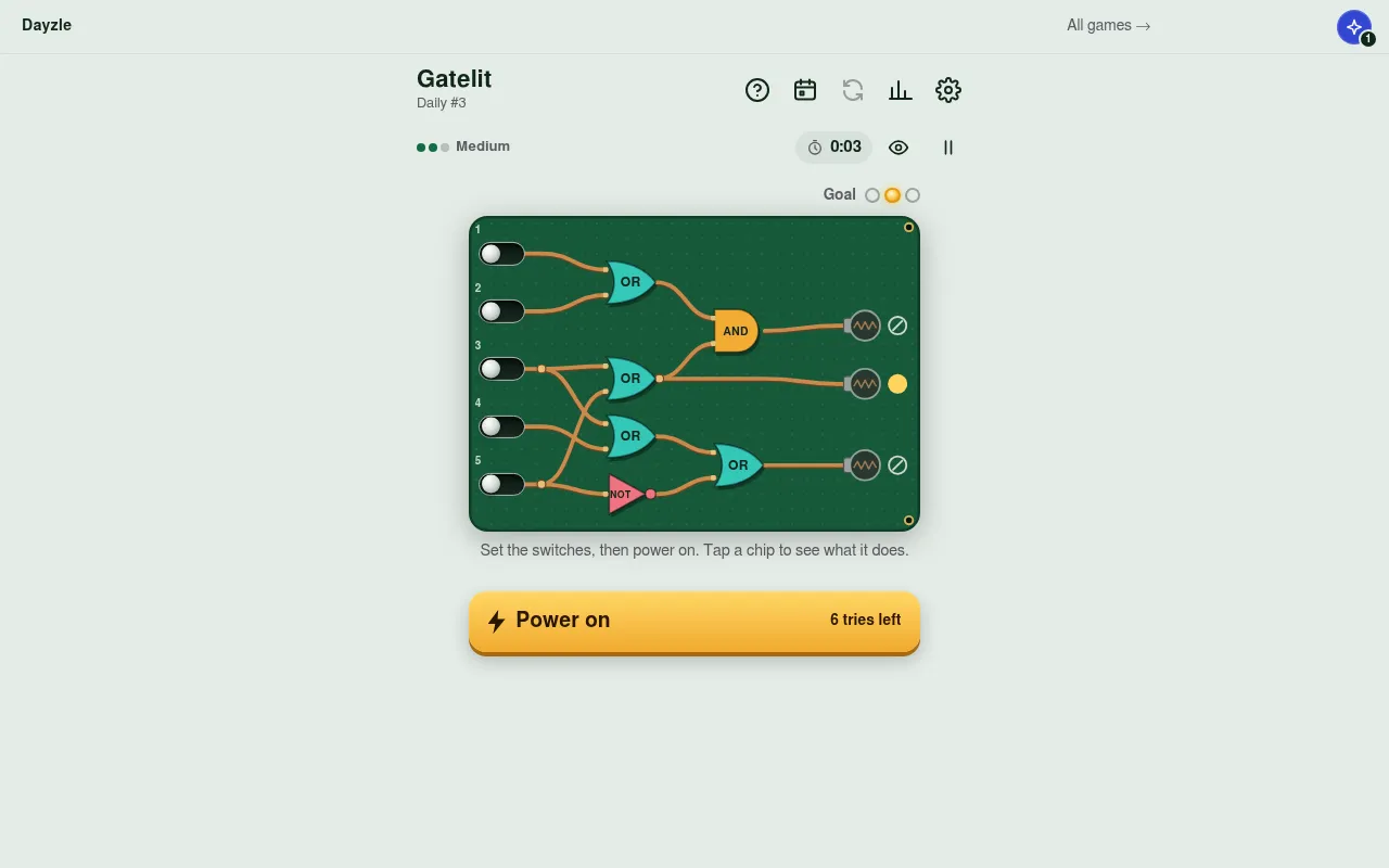 Gatelit Daily #3: a green circuit board with five switches feeding OR, AND and NOT gates into three lamps, a goal of one lit lamp, and a Power on button with 6 tries left