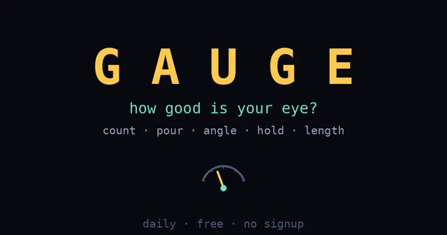 Gauge's title card: the name GAUGE over the five skills count, pour, angle, hold and length, with a dial needle