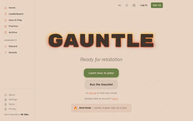 The Gauntle start page: the glowing title, Learn how to play and Run the Gauntlet buttons, and a countdown to the next Gauntle in the sidebar