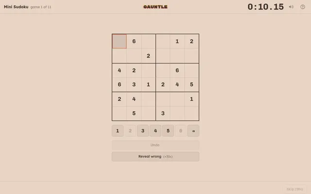 Gauntle run in progress: game 1 of 11 is a 6x6 Mini Sudoku with some digits given, the run timer at 0:10.15, a number pad and Undo and Reveal wrong (+30s) buttons