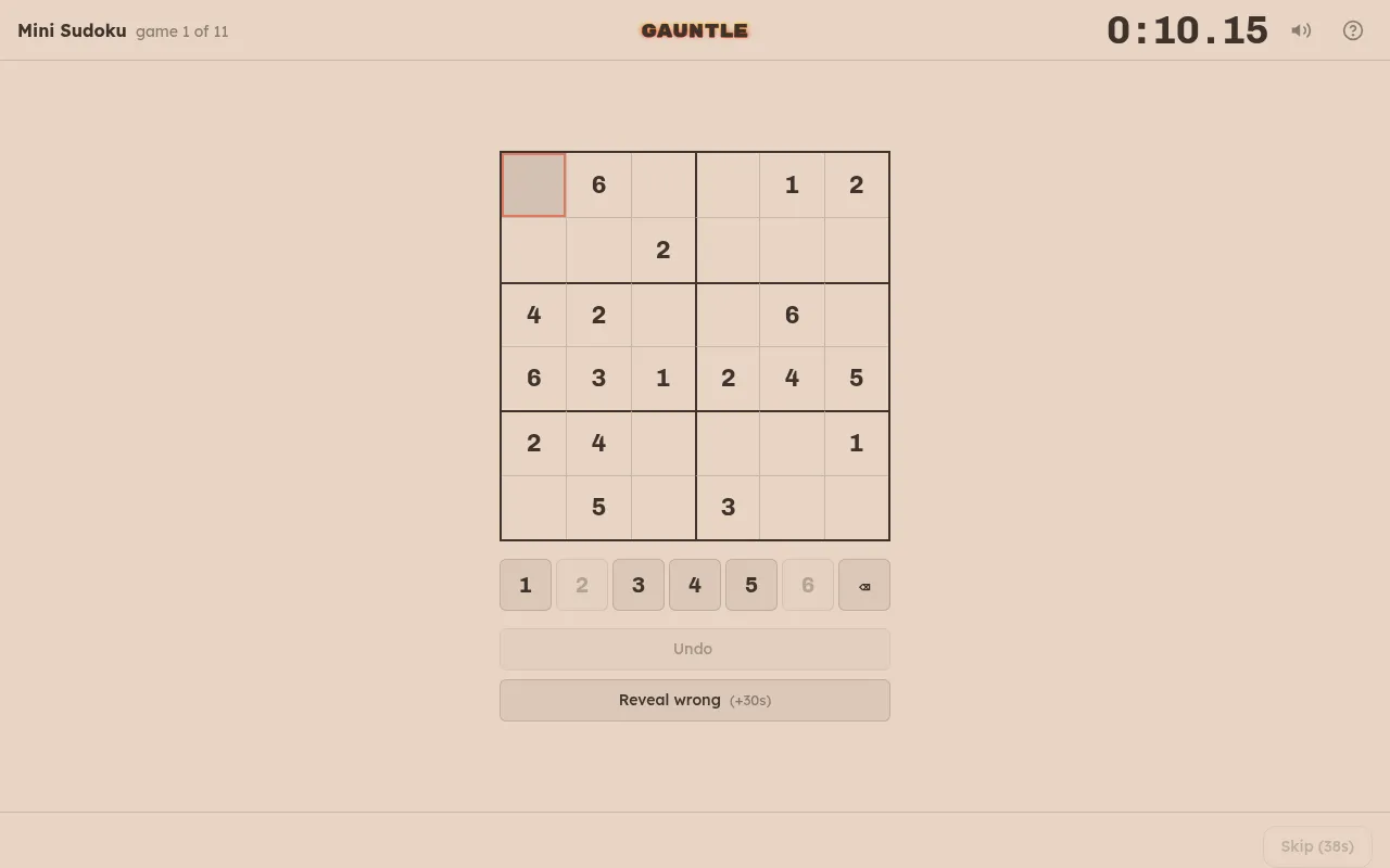 Gauntle run in progress: game 1 of 11 is a 6x6 Mini Sudoku with some digits given, the run timer at 0:10.15, a number pad and Undo and Reveal wrong (+30s) buttons
