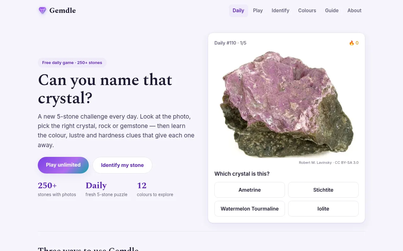 Gemdle Daily #110, stone 1 of 5: a photo of a purple and green mineral specimen with the question Which crystal is this? and four answer buttons