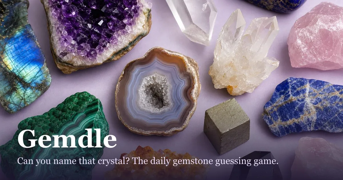 Gemdle title art over crystals and gemstones: amethyst, agate, quartz, pyrite, lapis and malachite