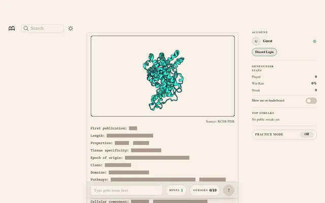 GeneGuessr's daily puzzle: a 3D protein structure above hidden clues such as length, tissue specificity and pathways, with a gene name box, hints and 0 of 10 guesses