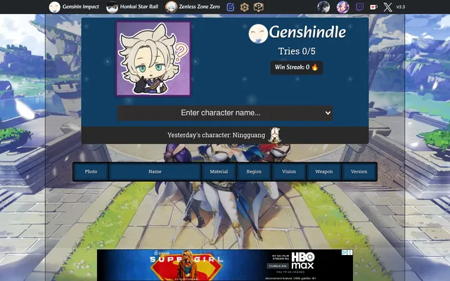 Genshindle's daily board: a mystery character card, Tries 0/5, the character name box, yesterday's character Ningguang and the Photo, Name, Material, Region, Vision, Weapon and Version clue columns