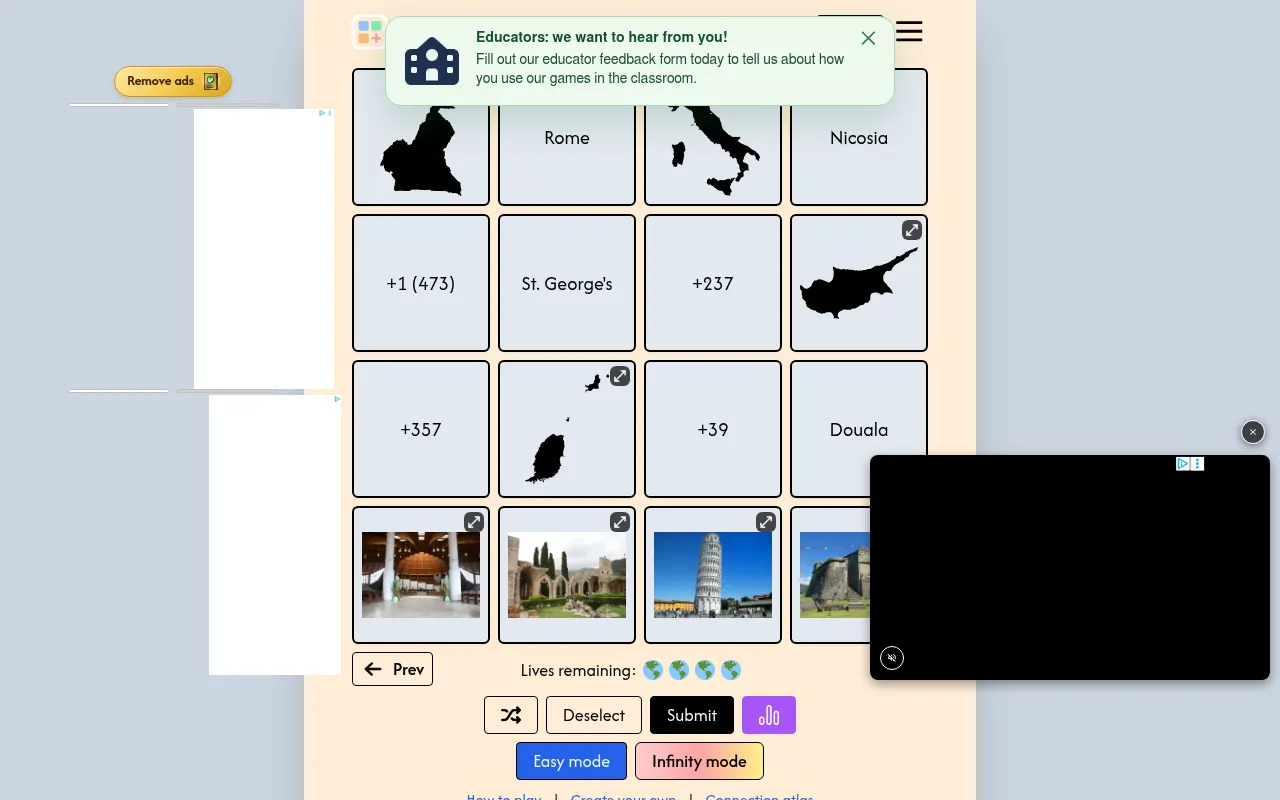 An earlier Geo Connections board: country outlines, capitals, dialling codes and landmark photos such as Rome, Nicosia, +237 and the Leaning Tower