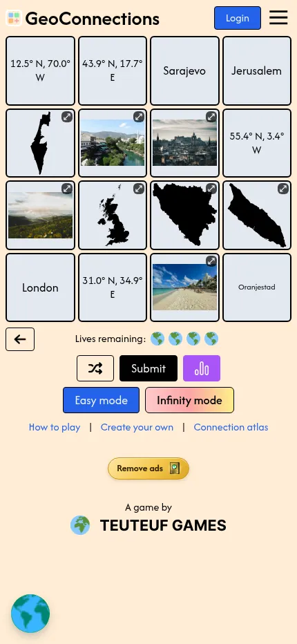 Geo Connections at phone size: the same sixteen tiles in a four by four grid with Submit, Easy mode and Infinity mode buttons below