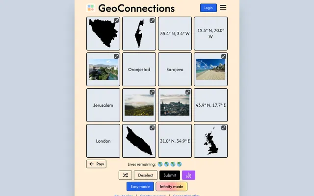 Geo Connections board for 26 October 2026: sixteen tiles of outlines, capitals, coordinates and photos for Bosnia, Israel, the UK and Aruba, four lives left