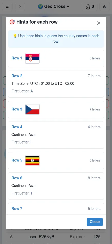 Geo Cross on a phone with the row hints open: flags of Serbia, Czechia and Uganda, a time zone clue and continent clues with letter counts