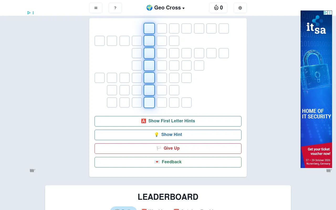 Geo Cross's daily grid: seven rows of empty letter boxes around a highlighted blue column, with Show First Letter Hints, Show Hint and Give Up buttons