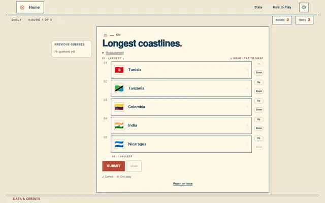 Today's Geo Sort daily board, round 1 of 5: rank Tunisia, Tanzania, Colombia, India and Nicaragua by longest coastline, with three tries