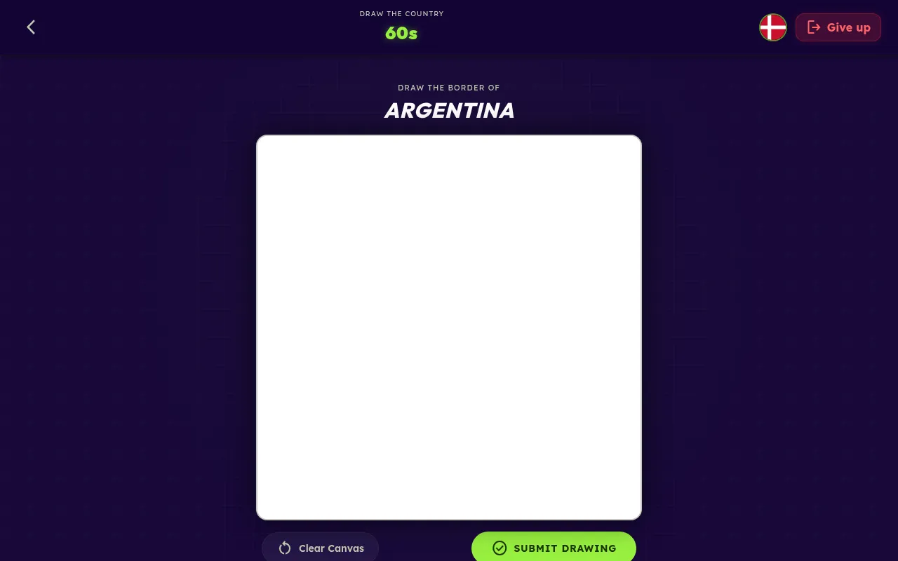 The GeoBattl Daily Challenge for 18 October 2026, Draw Country: a blank canvas to draw the border of Argentina, with a 60-second timer and a Submit Drawing button