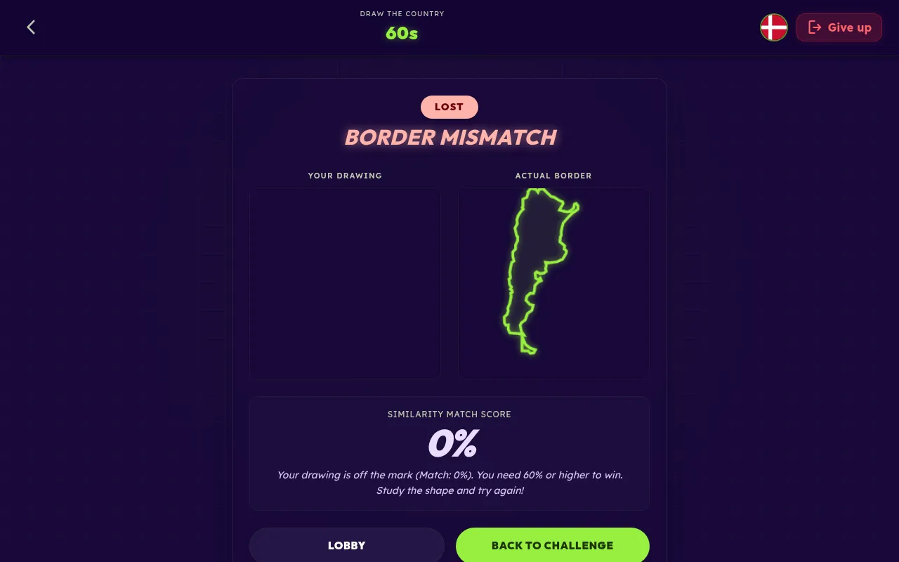 GeoBattl Draw Country result screen: the player's drawing beside Argentina's actual border and a similarity match score