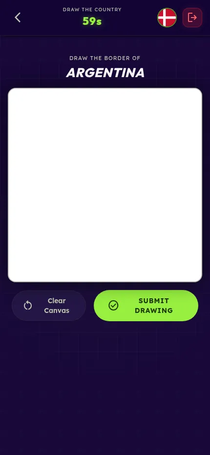 GeoBattl's Draw Country daily at phone size: the Argentina canvas fills the screen above Clear Canvas and Submit Drawing