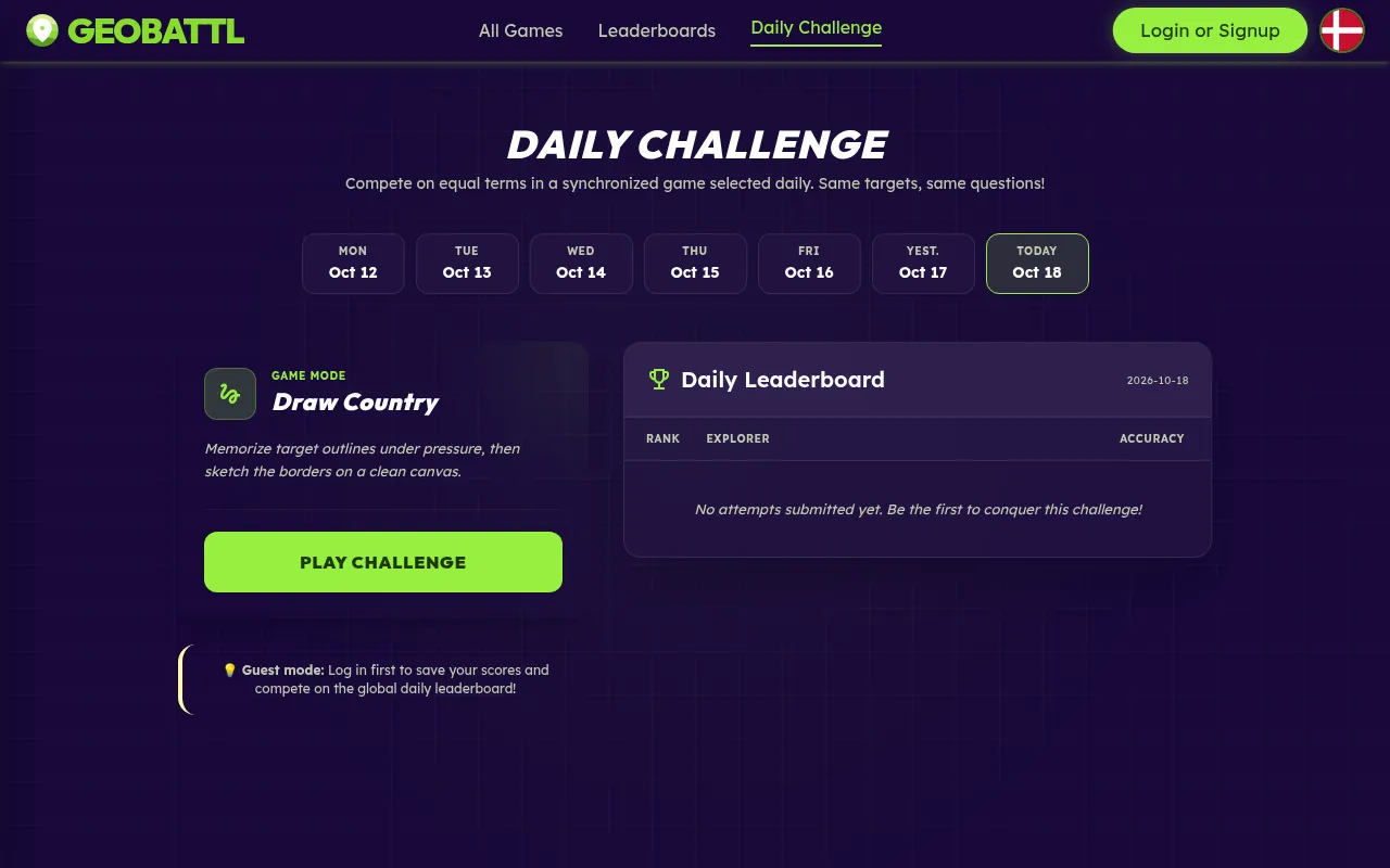 The GeoBattl Daily Challenge page for 18 October 2026: today's mode, Draw Country, a Play Challenge button, the last seven dates and the daily leaderboard