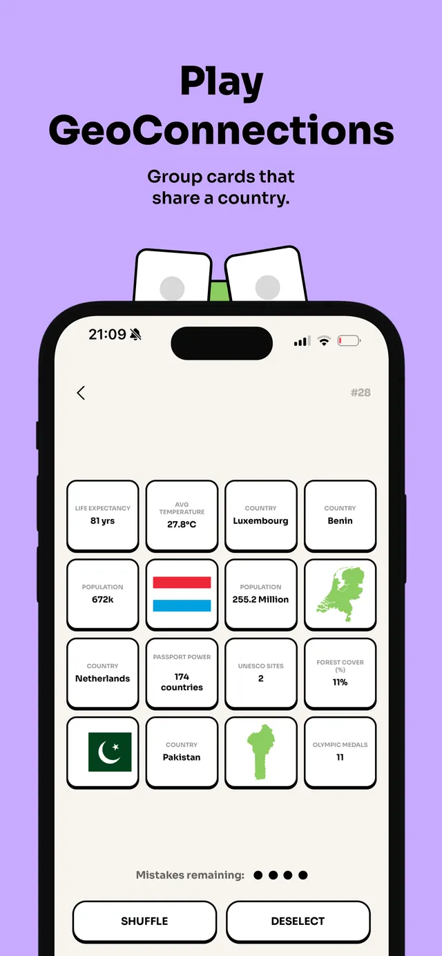 GeoConnections #28 in the Geotrivia app: a 4 by 4 grid of cards with flags, country outlines, names such as Luxembourg and Pakistan, and statistics like population and life expectancy