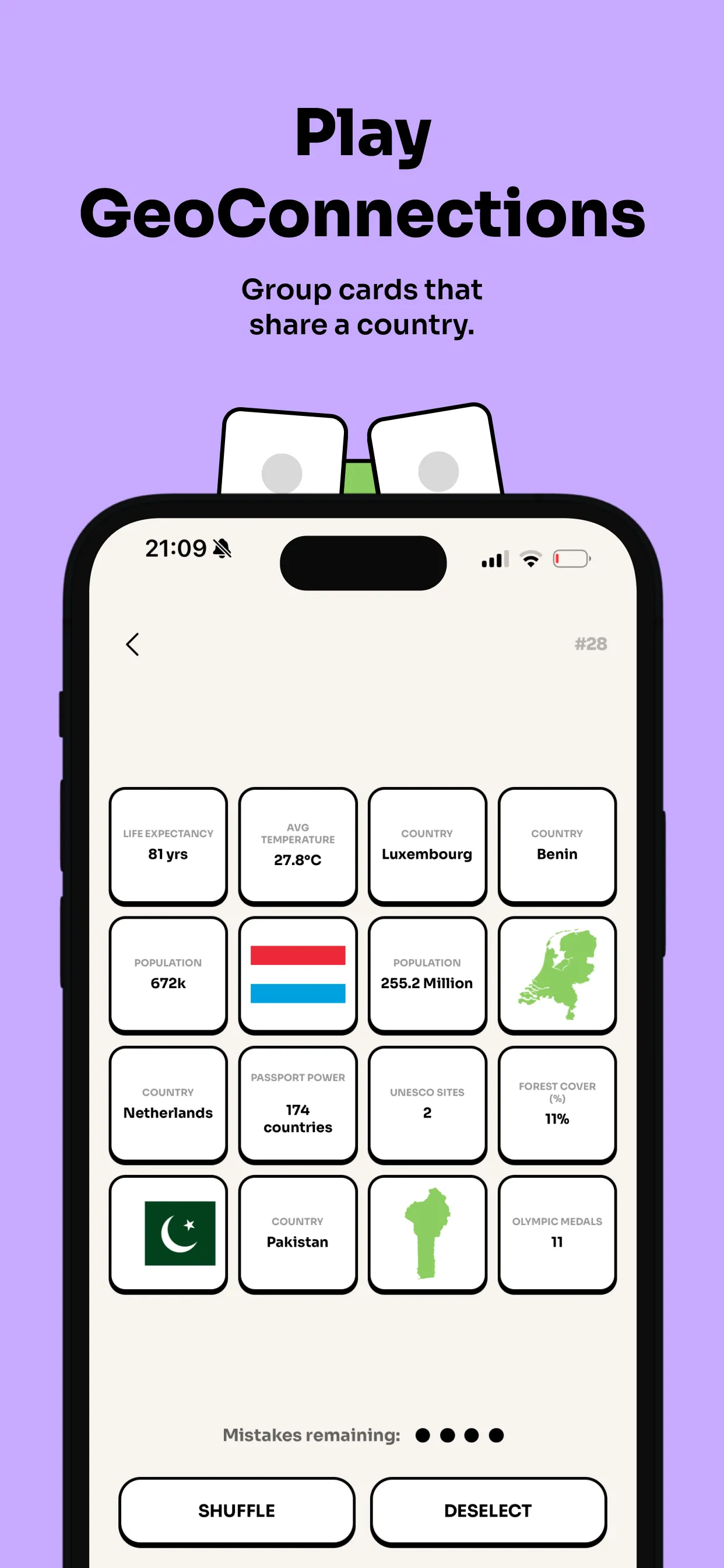 GeoConnections #28 in the Geotrivia app: a 4 by 4 grid of cards with flags, country outlines, names such as Luxembourg and Pakistan, and statistics like population and life expectancy