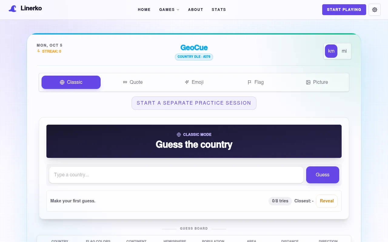 GeoCue Country DLE #278 for Mon, Oct 5: Classic, Quote, Emoji, Flag and Picture tabs, the Guess the country box with 0 of 8 tries and the guess board columns