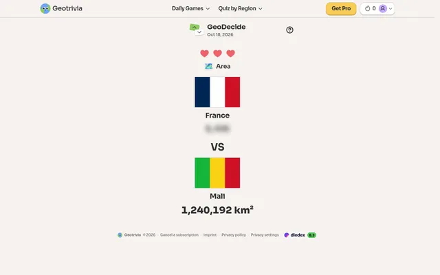 Today's GeoDecide board on 18 October 2026: the category Area, France with its figure hidden against Mali at 1,240,192 km², three hearts above